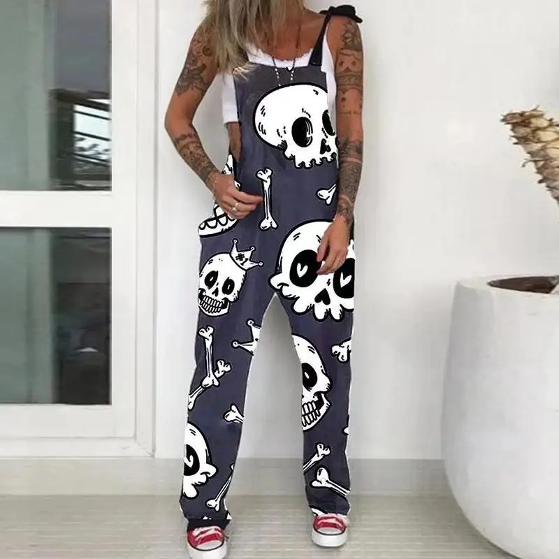 European Fashion Gothic Skull Print Jumpsuits Plus Size 5xl Women Spaghetti Strap Trouser Sexy Pocket Design Overalls Bodysuit