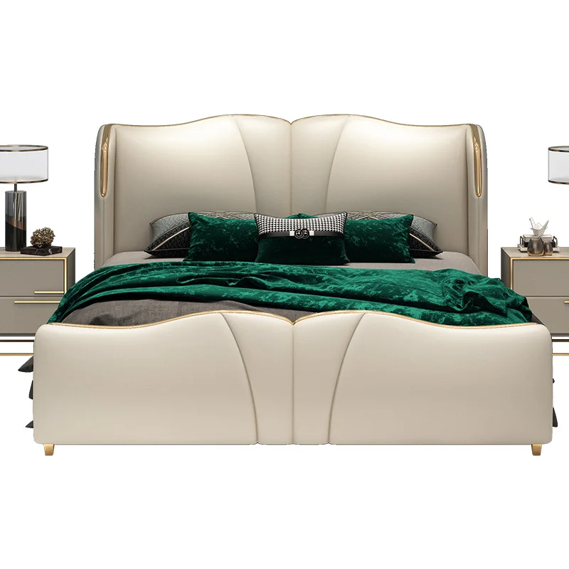 

# Bedroom-Focused Leather Soft Bed, Wave-Arc Gold-Trimmed Design with Sectional Upholstery & Modern Luxury Vibe