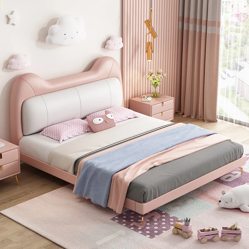 Minimalist children's bed girl princess bed leather pink single  Nordic light luxury 1.2 meters 1.5 meters soft bag