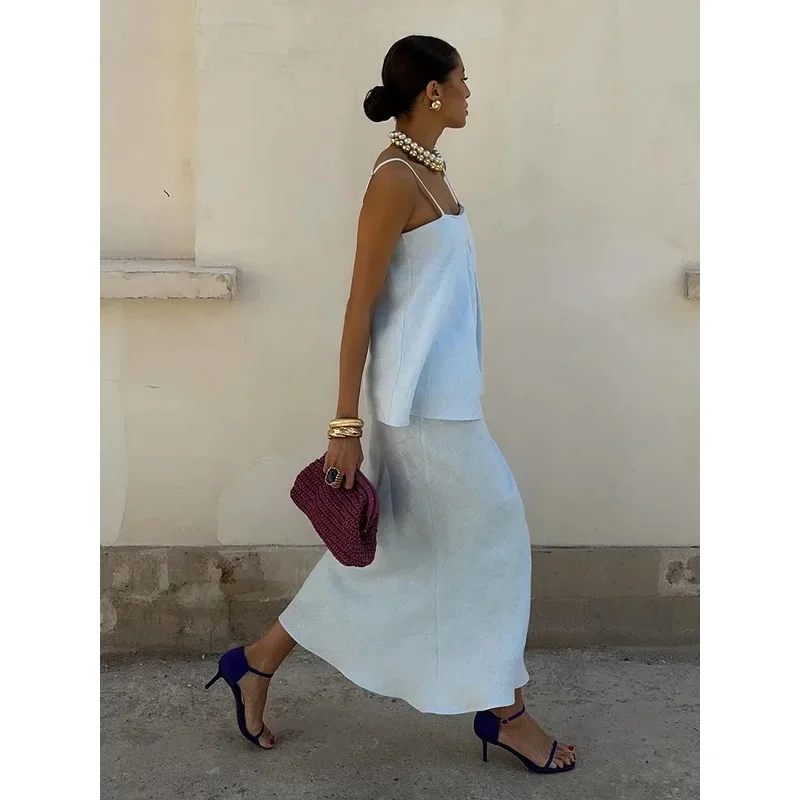 BKQU Elegant Sling Top Skirt Set Women 2026 Spring Summer New Sleeveless Backless Vest Mermaid Long Skirt Two-Piece Party Outfit