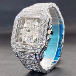 Men's Watches Dropshipping Luxury Iced Diamond Classic Square Quartz Watch with Hollow Dial and Transparent Cover Zircon Clock