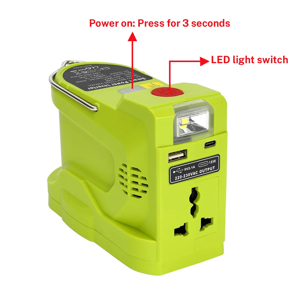 Generatore di corrente portatile da 200W con doppia luce a LED USB 280LM per Inverter portatile a batteria al litio Ryobi 18V