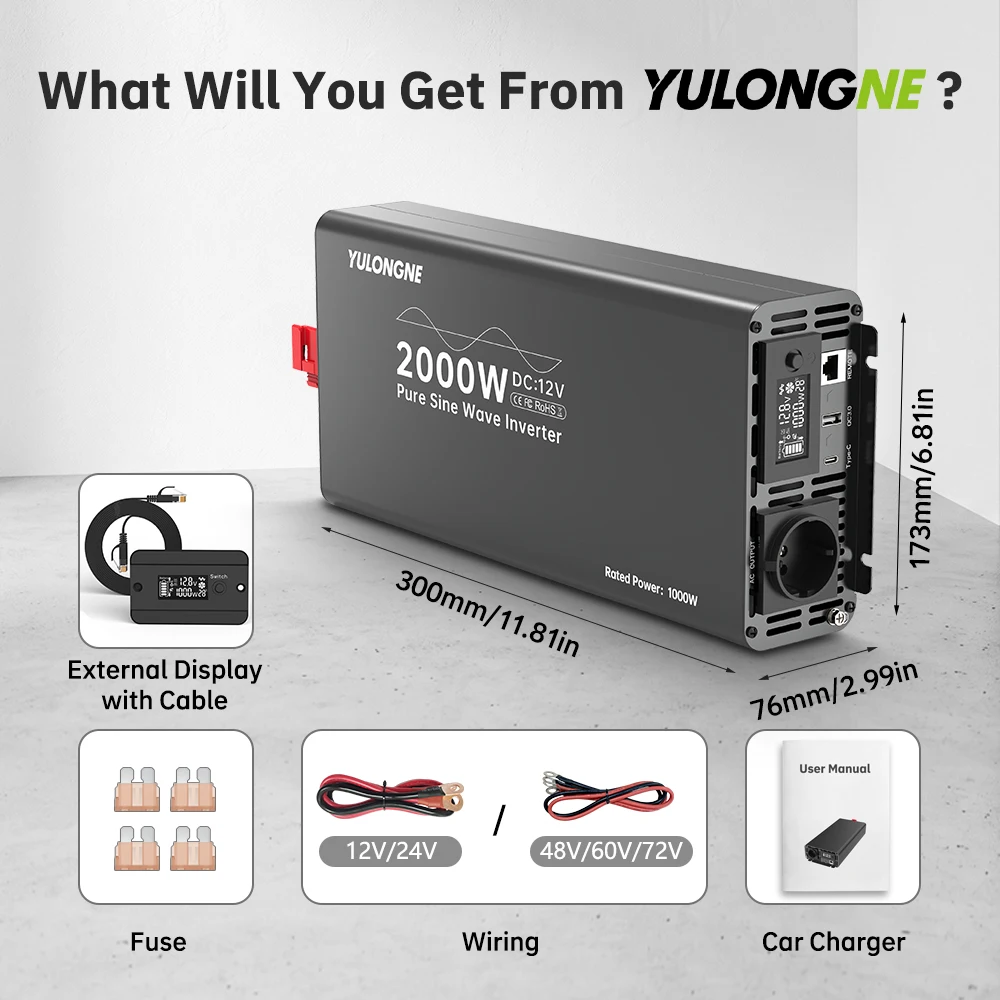 2000W Pure Sine Wave Inverter DC12V to 230V, External LCD Remote Display, Aluminum Shell Converter for RV Outdoor Backup Power