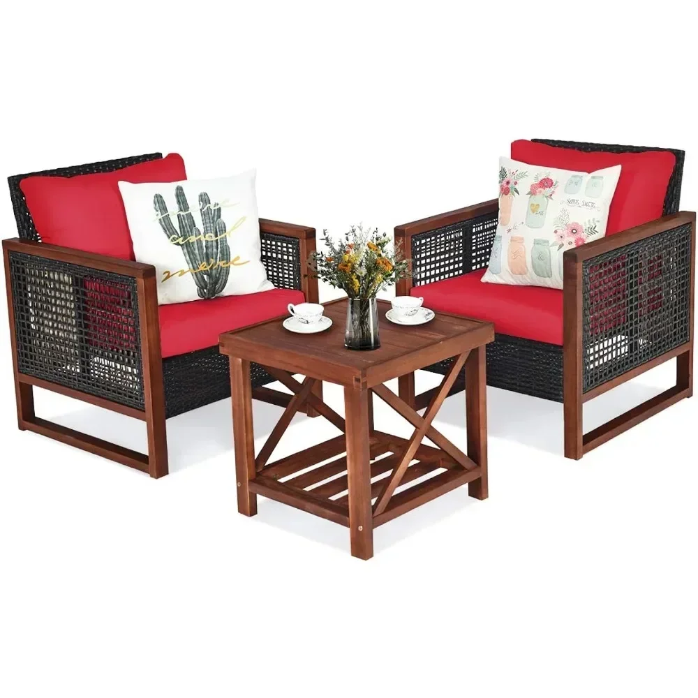 Set furnitur anyam, Sofa taman, rotan, luar ruangan, bantal & Acacia kayu percakapan Bistro taman merah