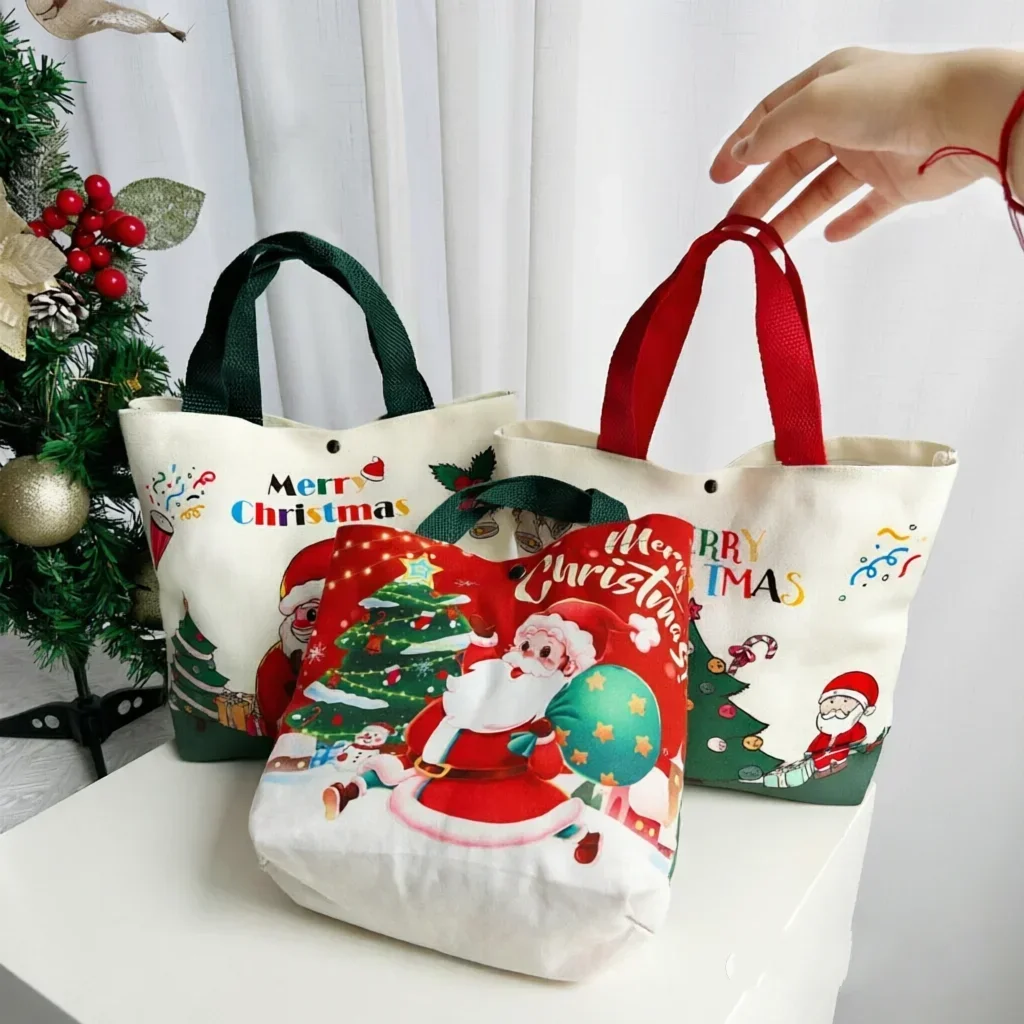 Christmas Gift Bag Canvas Tote Bag, Christmas Eve Candy Apple Handheld Packaging Bag