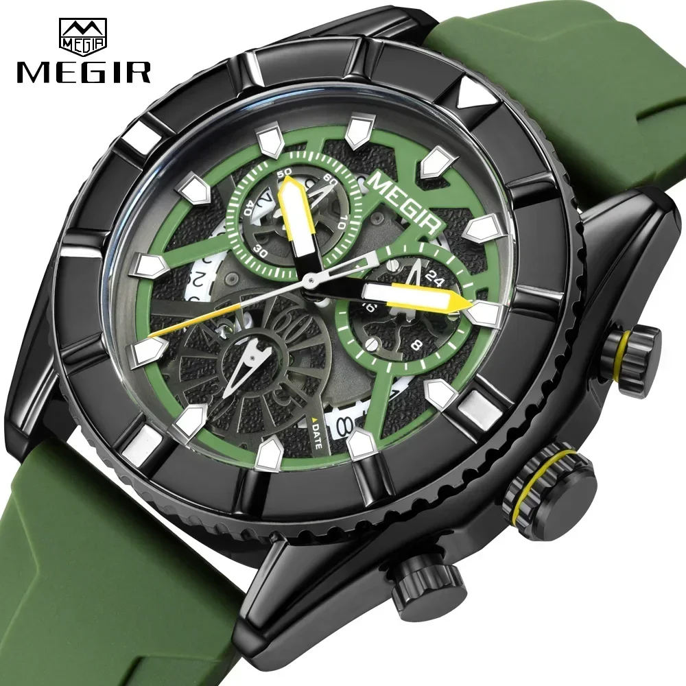 MEGIR Chronograph Quartz Watch Men Subdial Hands ArmyGreen Silicone Sport Watches For Men's Military Waterproof Luminous Clock