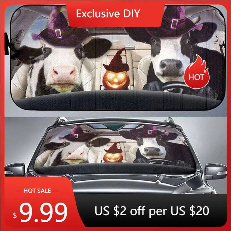 

Couple Cow Wearing Witch Hats Halloween Car Sunshade Gift For Cow Lovers UV Block Windshield Car Sunshade