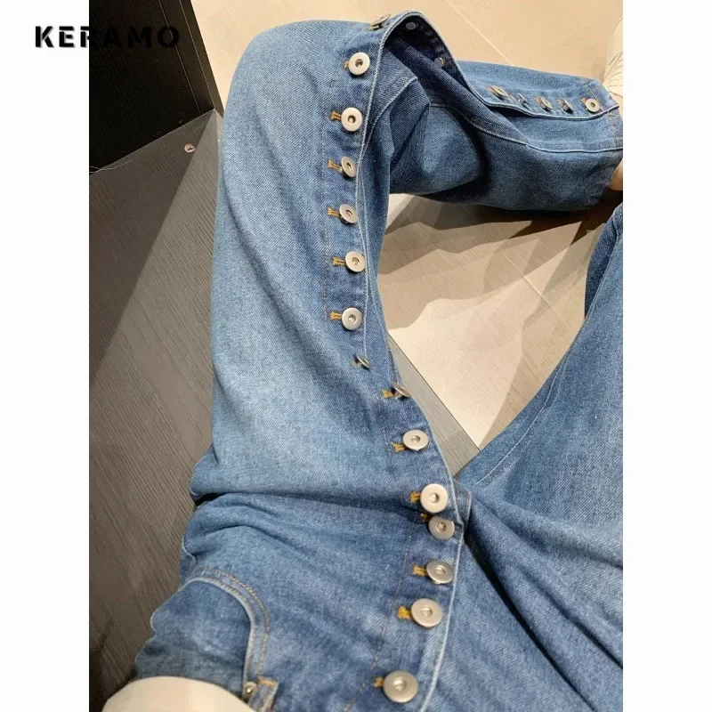 

Vintage High Waisted Emo Jeans Women's Casual 2000s Single Breasted Design Pants Baggy Y2K Wide Leg Street Blue Denim Trouser