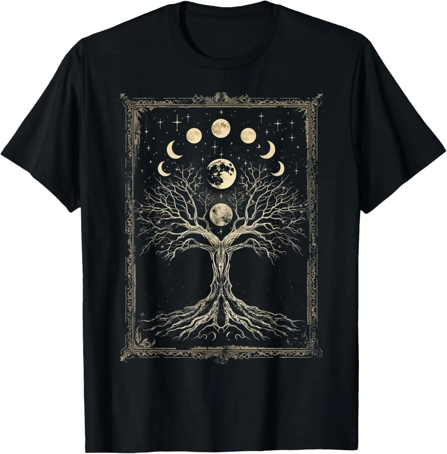 Yggdrasil Tree Of Life With Moon Phases T-Shirt 100% Cotton Trendy Y2K Short-Sleeve Tee-Soft, Quick-Drying, Moisture-Wicking;