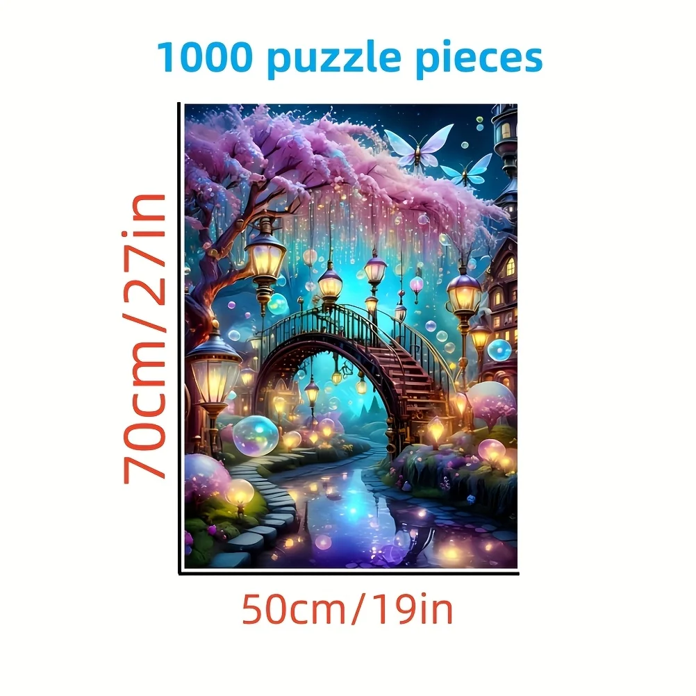 Rompecabezas mágico de puente nocturno y río con linternas brillantes, rompecabezas grande (50x70cm), cardboa blanco grueso, 1000 Uds.