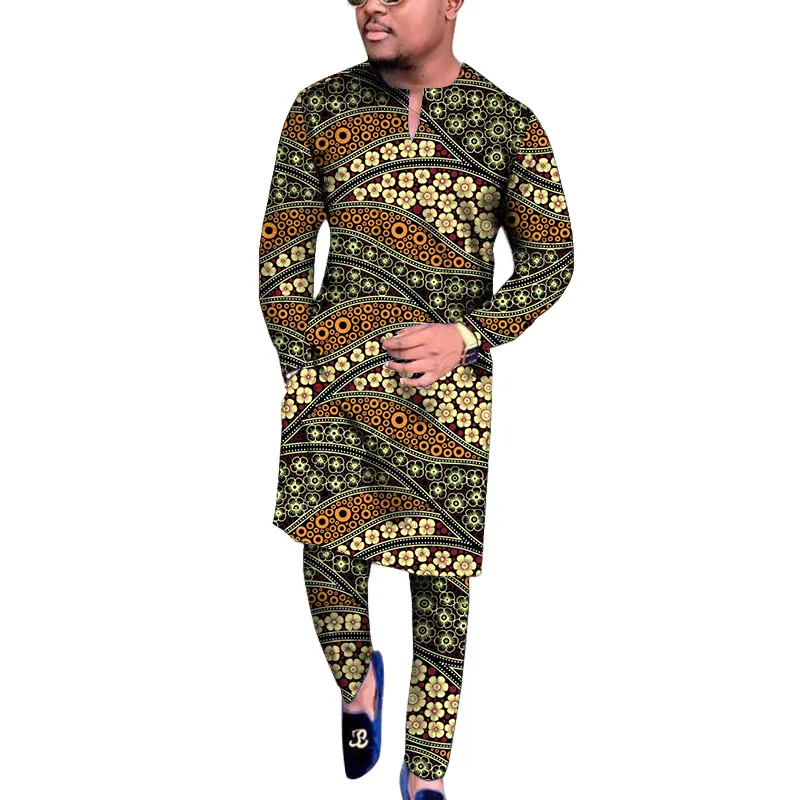 V넥 디자인 상의 패치 허리 바지 남성용 세트, 아프리카 프린트, 맞춤형 나이지리아 패션, 파티 의상