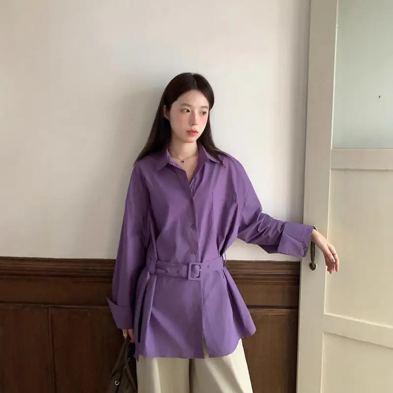 

New Purple Long Sleeves Shirt Girl Design Sense Adjustable Belt Autumn Winter Tops Minimalist Niche Women's Clothing Wholesale