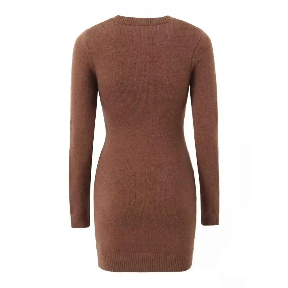 Autumn Round Neck Knitted Dress Fashion Single Breasted Solid Color Short Dress Women Slim Commutig Clothing for Going Out