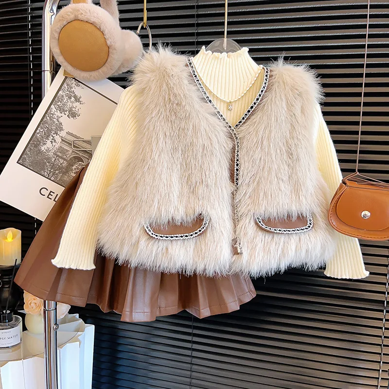 Girls\' Coat Winter New Baby Hair Sweater Fashion Winter Luxury and Westernized Middle School Children\'s Vest Fur Vest  Waistcoat