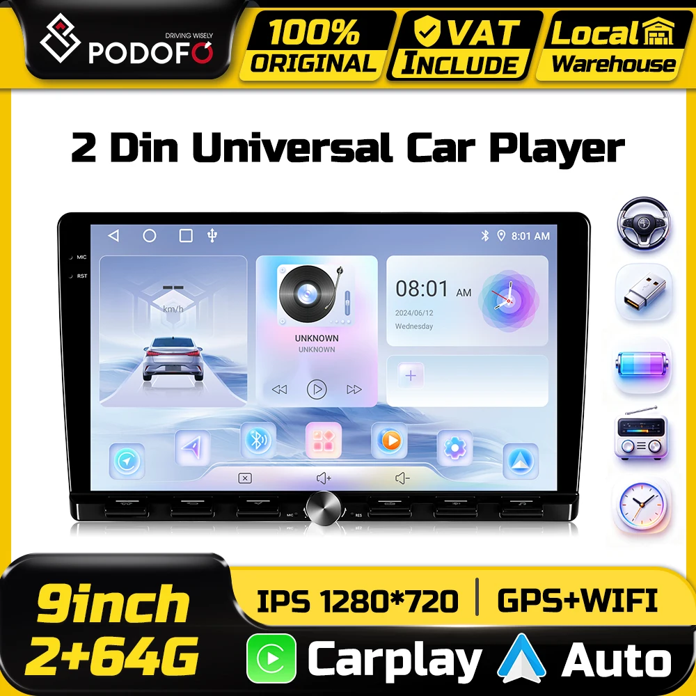 Podofo 2 Din 9-Zoll Autoradio Multimedia Wireless CarPlay Android Auto 2+64G Intelligentes Autosystem Videoplayer GPS WIFI BT EQ FM RDS Stereo Mirror Link
