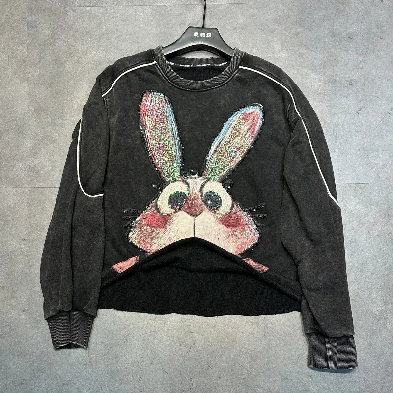 2025 خريف جديد الصناعة الثقيلة جديد الترتر طباعة الكرتون الأرنب طاقم الرقبة البلوز السيدات فضفاضة عادية لطيف معطف هوديس #3