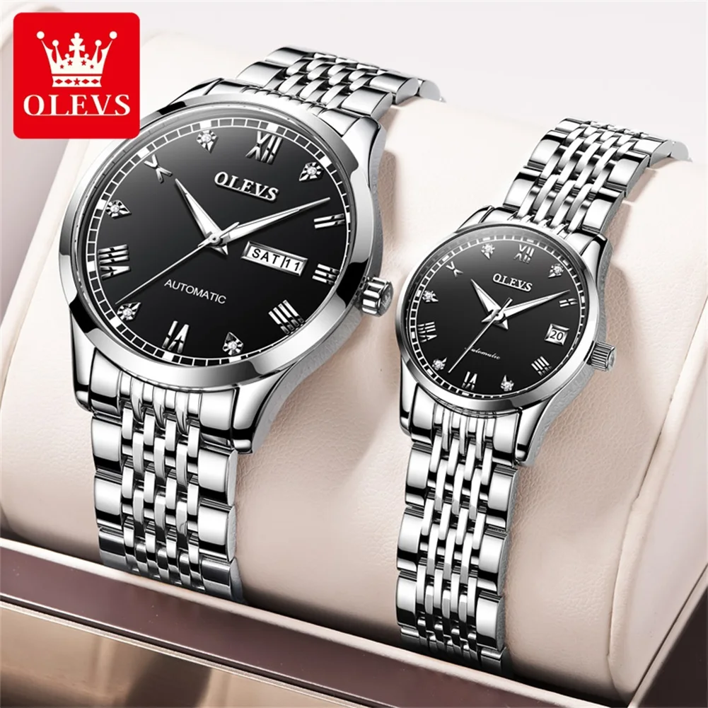 ساعات الزوجين OLEVS للرجال والنساء بسيطة فاخرة أصلية أوتوماتيكية ساعة يد ميكانيكية تاريخ تلقائي مقاومة للماء هدايا العشاق 6602 #2