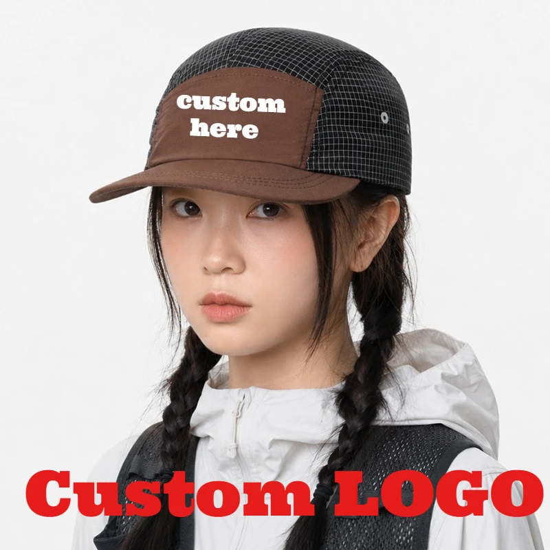 Custom Print Logo Quick-drying Plaid Baseball Cap Soft Top Five-panel Outdoor Breathable  Sports Camping Cap for Men and Women