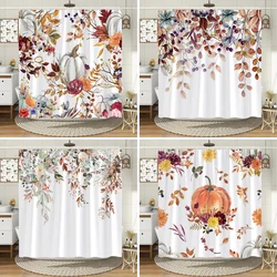 Autumn Leaves Pumpkin Shower Curtain Thanksgiving Orange Pumpkin Watercolour Eucalyptus Leaves Shower Curtains Bathroom Decor