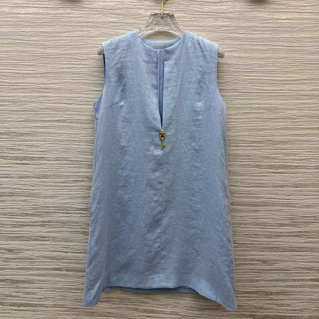 2025 nouvelle mode d'été solide 100% lin Mini débardeur femmes col rond fendu sans manches or clé décoration décontracté robes amples