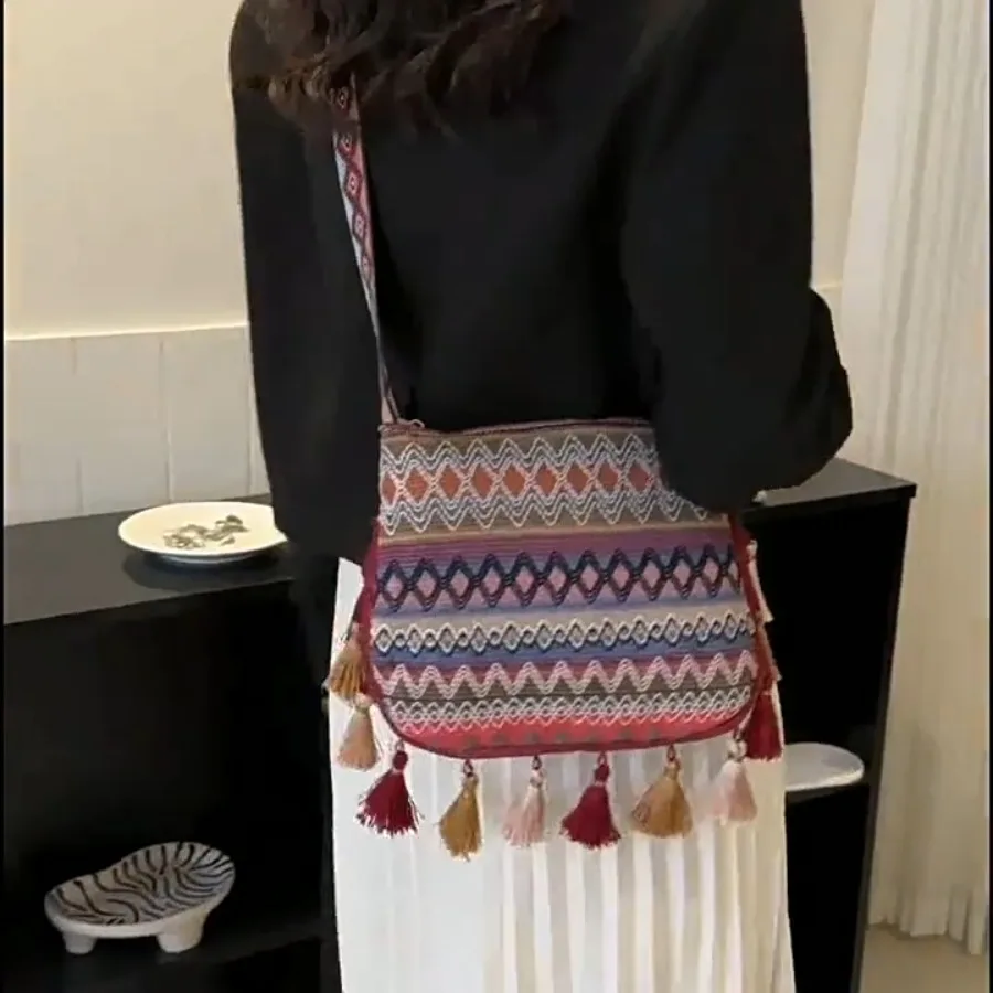 

Vintage Women's Bag Tassel Ethnic Handwoven Shoulder Bags Large-capacity Tote Bag Women Crossbody Bags Handbag