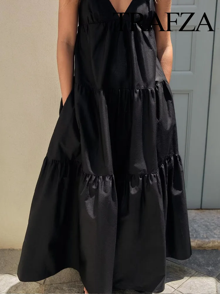 

TRAFZA Women Summer Fashion Splicing Zipper Pleated Design Sling Dress Female Elegant Sexy Backless Slim Sleeveless Long Dress