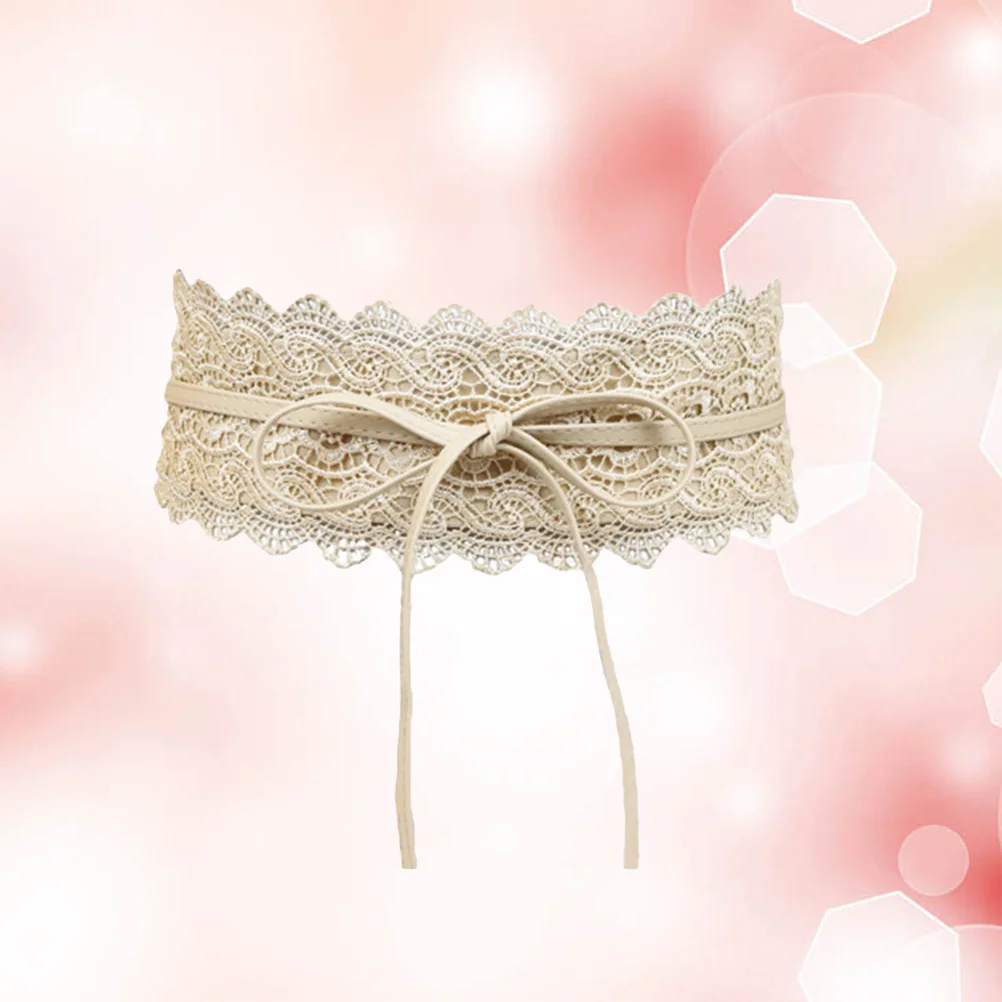

Lace Waist Belt Women Faux Pu Bowknot Adjustable Wide Band Slimming Cinch For Dress Prom Party Cream-Colored