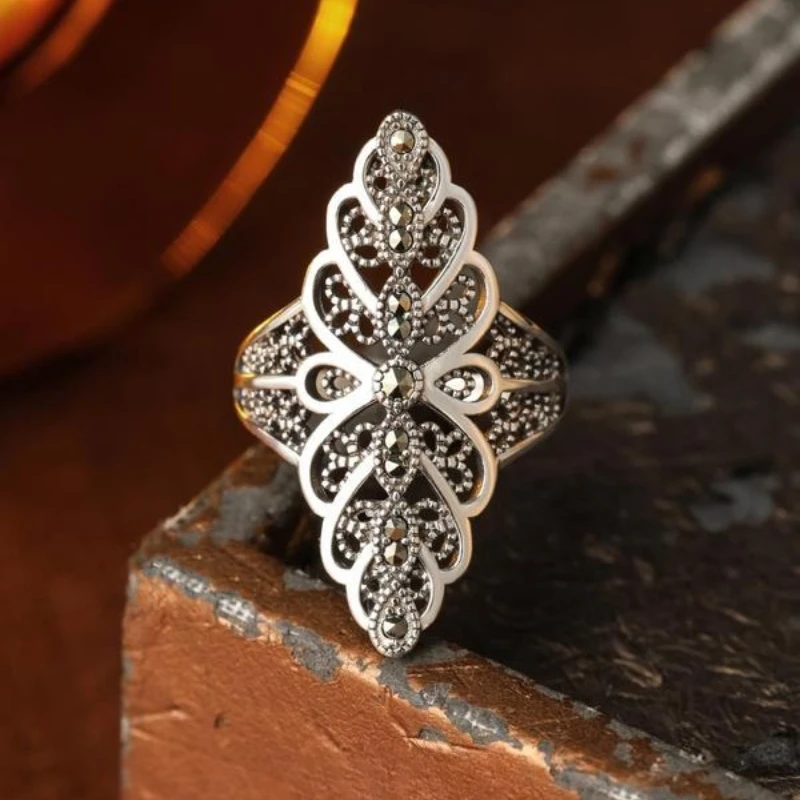 

S925 Silver Hollow Out Design Ring Fashion Vintage for Women Trendy All-match & Exquisite Jewelry for Birthday Gift