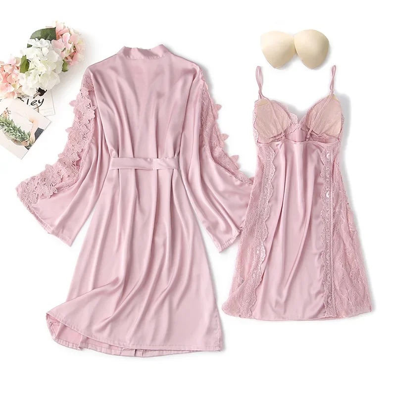 2PCS Lace Flower Robe Gown Set Sexy Women Satin Nighty Bathrobe Strap Nightgown Sleep Suit Summer Bride Wedding Kimono Sleepwear