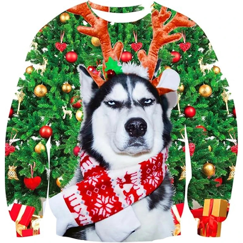 Animal Graphic Ugly Christmas Sweatshirt For Men Holiday Party Pullover Autumn Loose Casual Hoodies Couples Clothes Xmas Gift