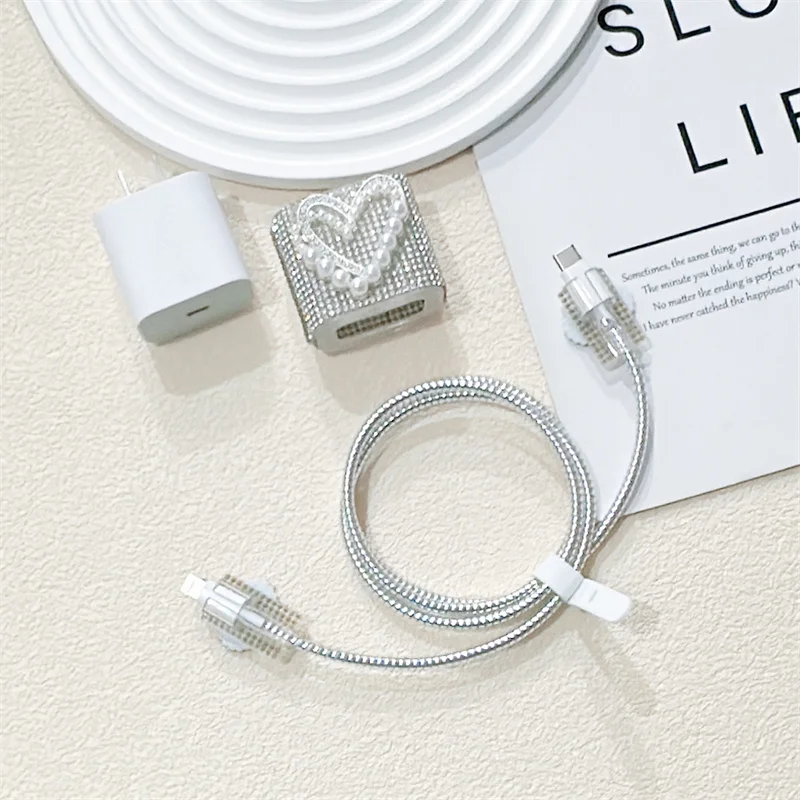 Luxury Love Heart Diamond Set Charger Cover For IPhone 11 12 13 14 18W-20W Sparkle Clear Charge Protection Cover Charger Sleeve