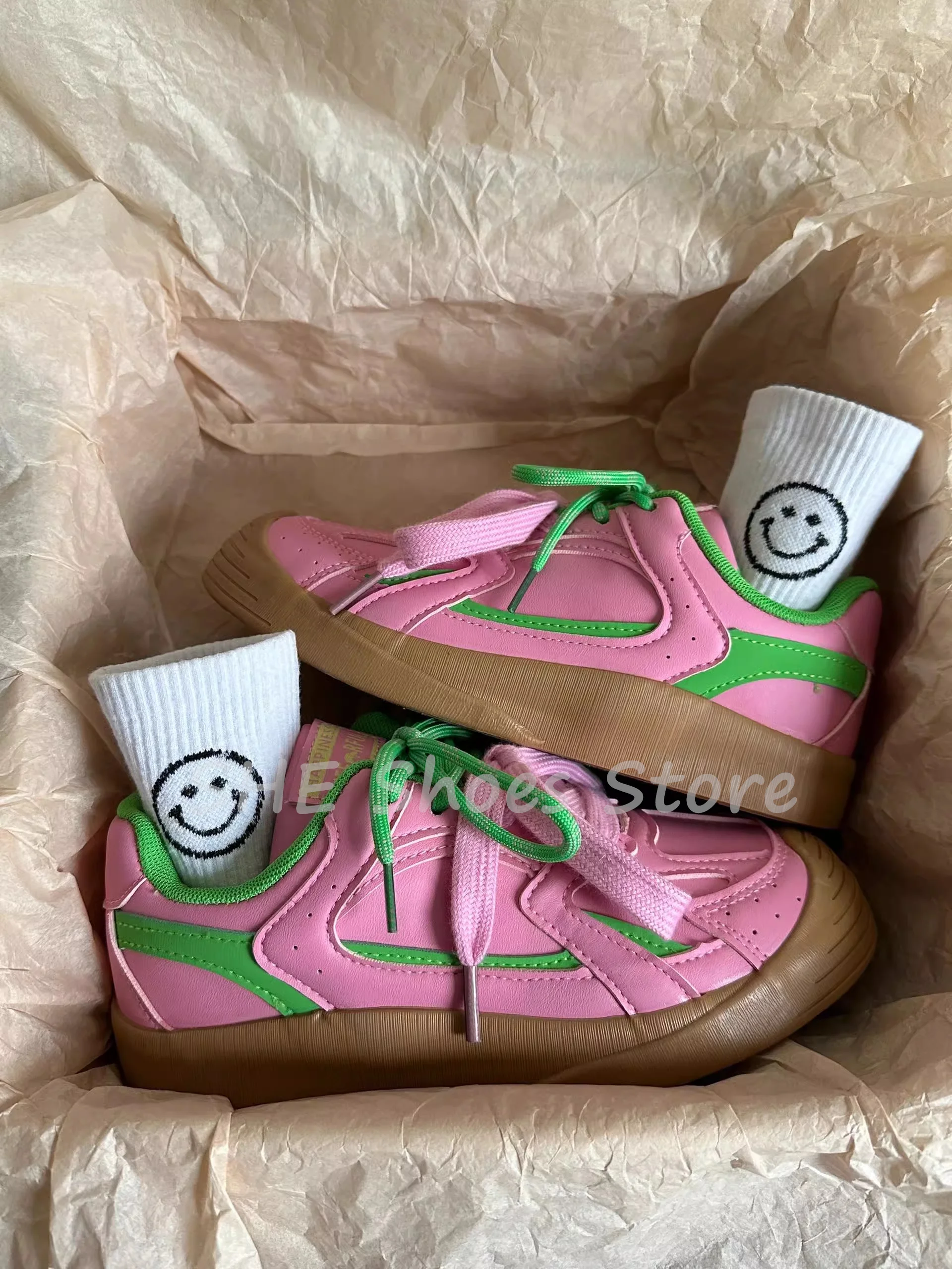 Mixed Color Butterfly Knot Sneakers for Women Round Toe Chunky Bottom Height Increasing Lace-Up Sport Shoes Ladies Leisure Shoes