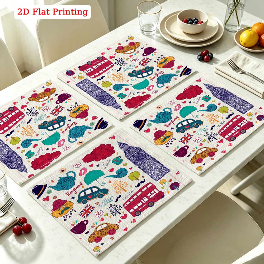 2Pcs British Style Placemat Multicolor England Bus Teapot Print Table Mat Kitchen Dining Decor Protection 30X40Cm