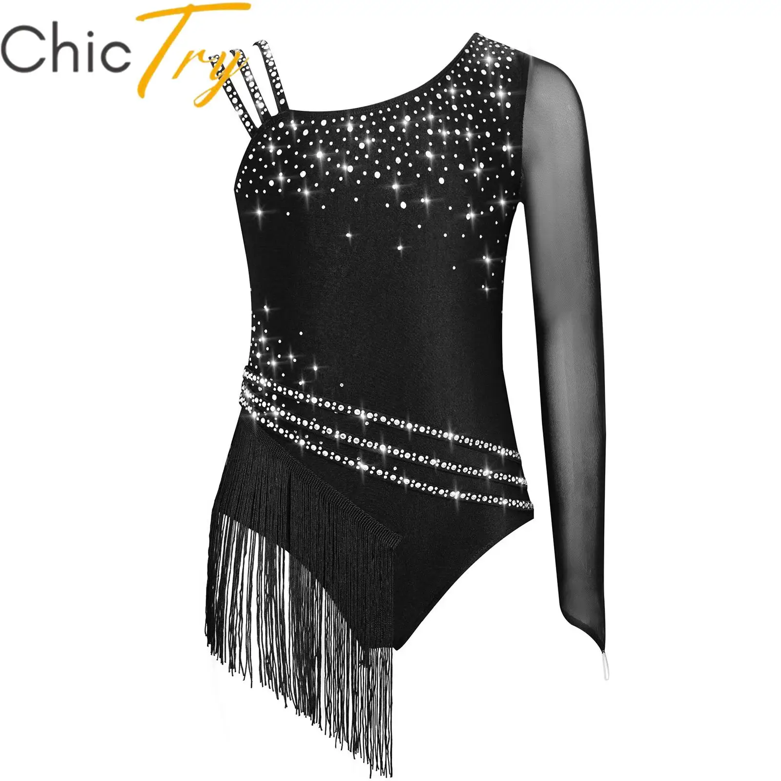 

Kids Girls Ballet Gymnastics Leotard Rhinestones Fringe Bodysuit Irregular Tassel Unitard for Figure Skating Stage Performance