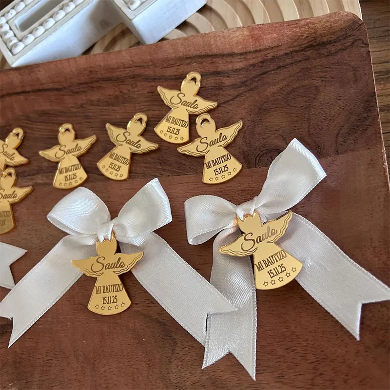 Etiquetas Personalizadas para Recuerdos de Fiesta de Ángeles, Etiquetas de Acrílico Espejo Personalizadas, Regalo de Comunión, Decoración para Mi Bautizo