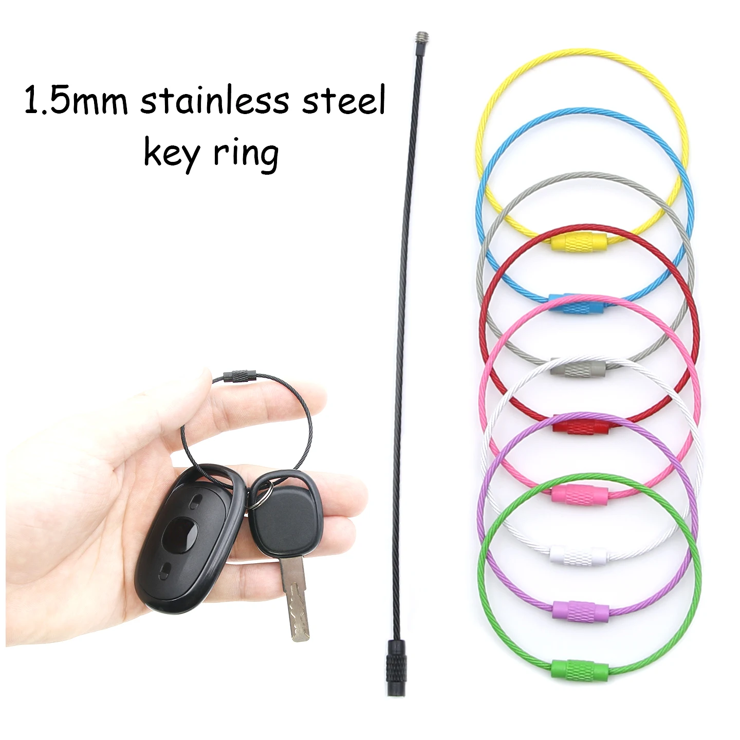 10-50 pieces of stainless steel rings, 1.5mm multi-colored flexible keychains, retractable metal keychain cord for luggage tags