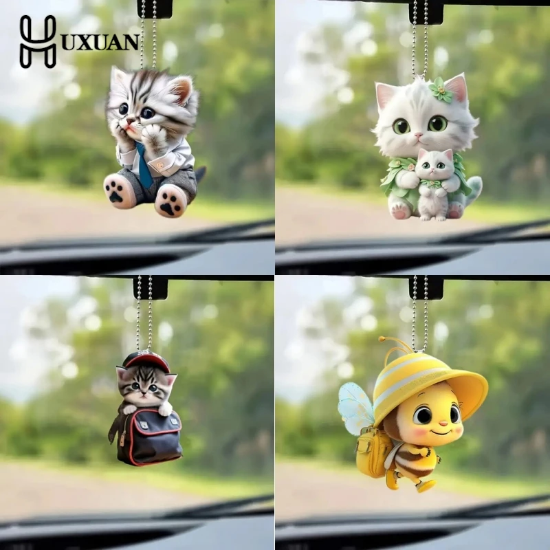 Car Hanging Pendant Cat Bee Rearview Mirror Decoration Backpack 2D Acrylic Hanging Ornament Car Interior Decor Handmade Craft