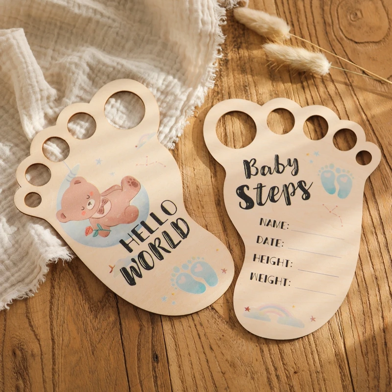 Baby Footprint Photography Prop carta pietra miliare in legno celebrazione della crescita del neonato Hello World puntelli accessori fotografici