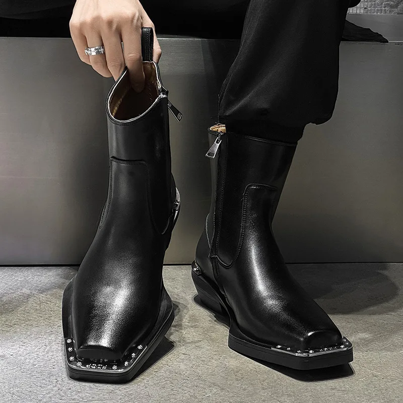 England style men stage nightclub high chelsea boots designer square toe shoes cowboy natural leather boot cool motorcycle botas