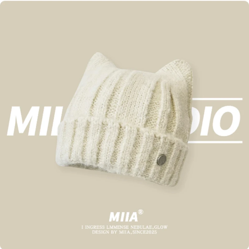 Korean Ins Simple and Cute Cat Ear Pullover Knitted Hat Autumn and Winter Outdoor Warm Versatile Skull Beanie Caps for Women‘s
