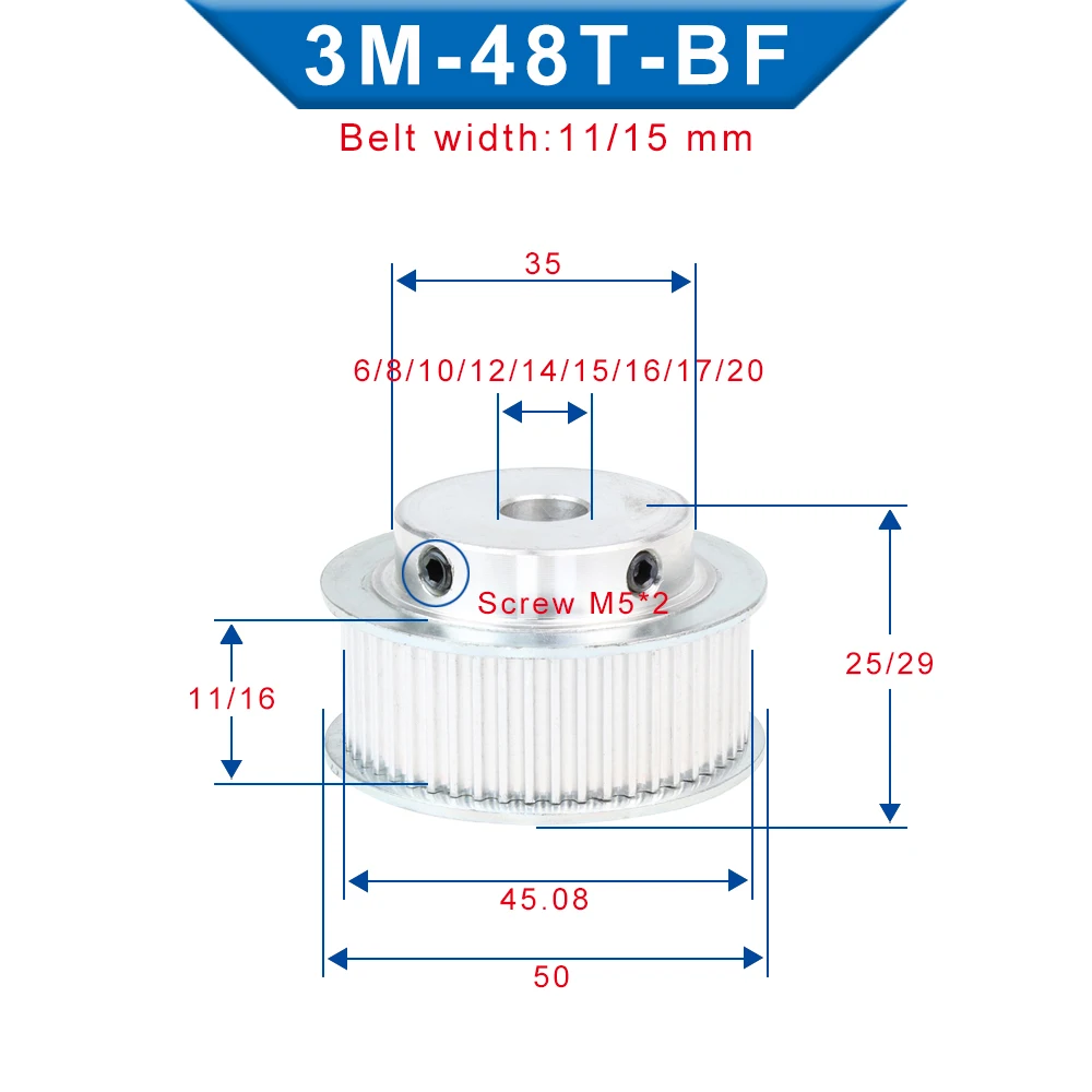 3M-48T Alloy Pulley Bore Size 6/8/10/12/14/15/16/17/20 mm pulley wheel Slot Width 11/16 mm For 3M Timing Belt Width 10/15 mm