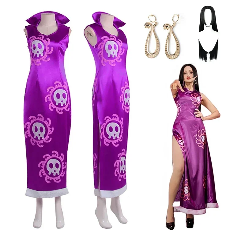 Boa Hancock Cosplay kostium anime Kimono fioletowa sukienka Cheongsam płaszcz kobiety Halloween przebranie Cheongsam jednolite garnitury ﻿