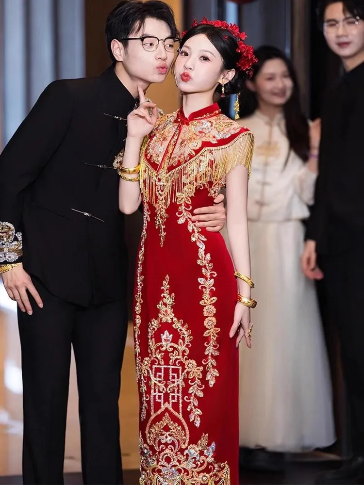 

Новое обручальное платье в китайском стиле, свадебное платье Cheongsam, шаль с вышивкой, возврат, тост невесты