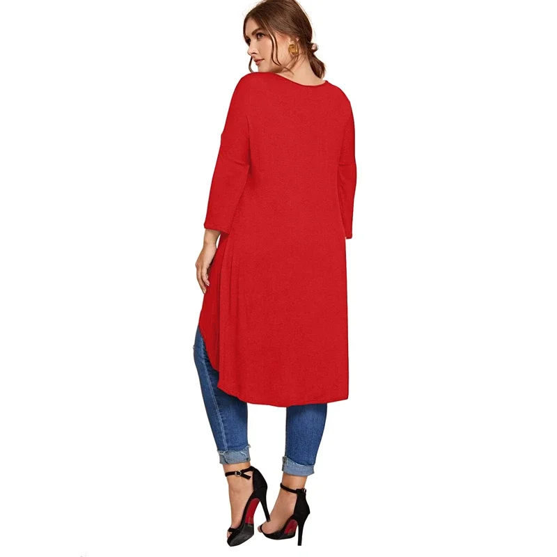 Plus Size Long Sleeve Elegant Tunic T Shirt Women Long Hi Low Fit Flare Spring Autumn Swing Blouse Tops Large Size Clothing 8XL