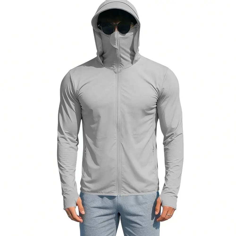 New Ice Silk Mens Sun Protection Hoodie Quick Dry Full-Zip Up UV Shirts Long Sleeve with Face Mask Fishing Shirt Men