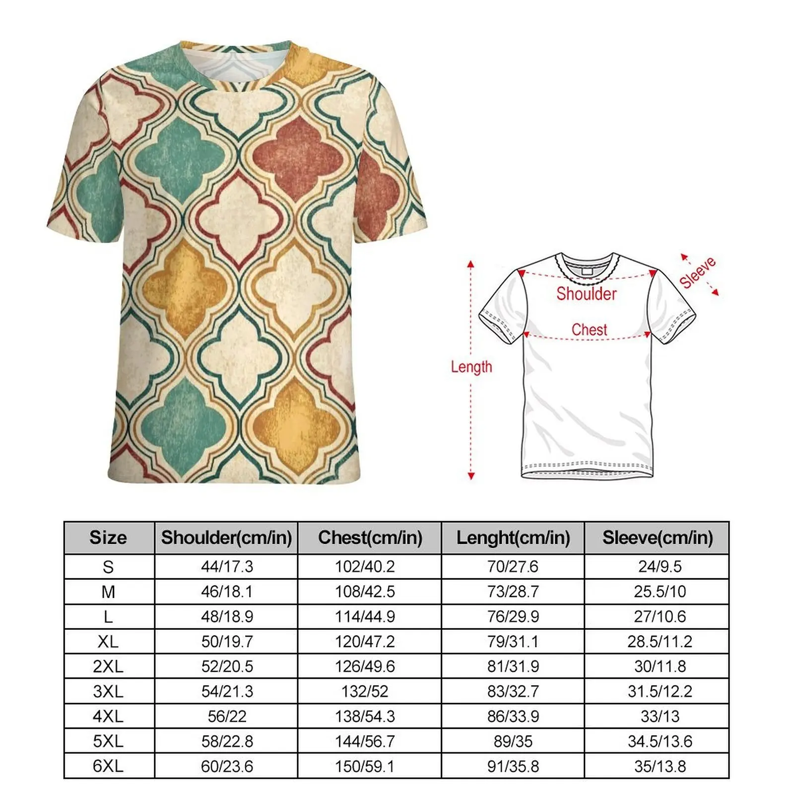 Retro Earth Tone Quatrefoil Print T Shirt  Men Hippie T-Shirts Beach Tees Short Sleeve Streetwear Oversized Clothing Present
