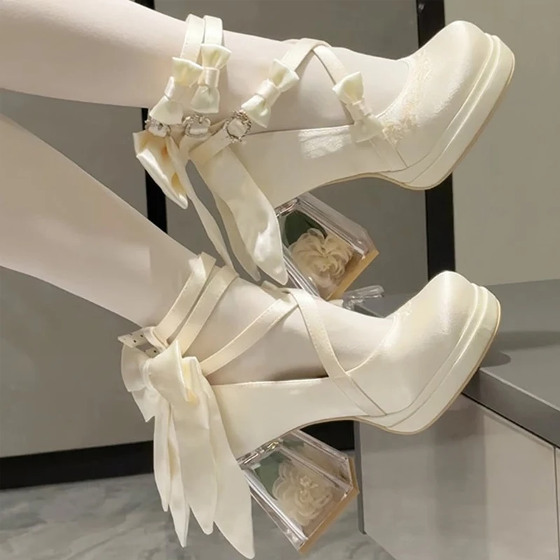 

White Sweet Lolita Platform Glass Chunky Heel Pumps Ankle Strap Bow Crystal High Heels Mary Jane Shoes Cosplay Shoes