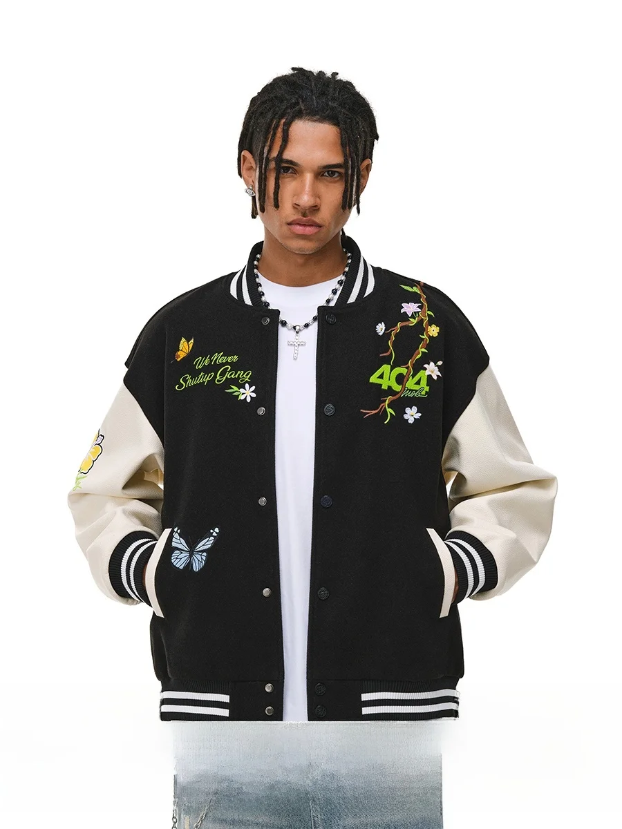 

Heavy Embroidery American Sle Baseball Jaet Men's PU Leather Patchwork Pilot Thiened Jaet Casual Loose Fit Autumn Winter