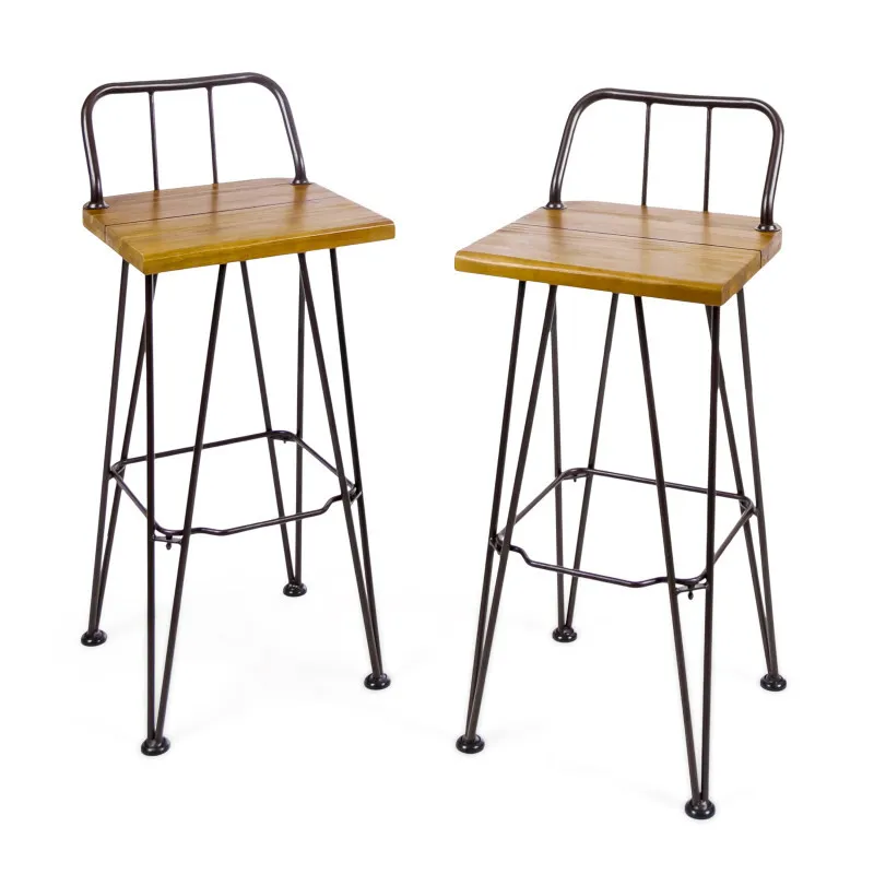 INDUSTIAL WOOD AND METAL BARSTOOL  Angled Legs  With Built-in Footrestcurved   Open Seat  Backslatted Seat
