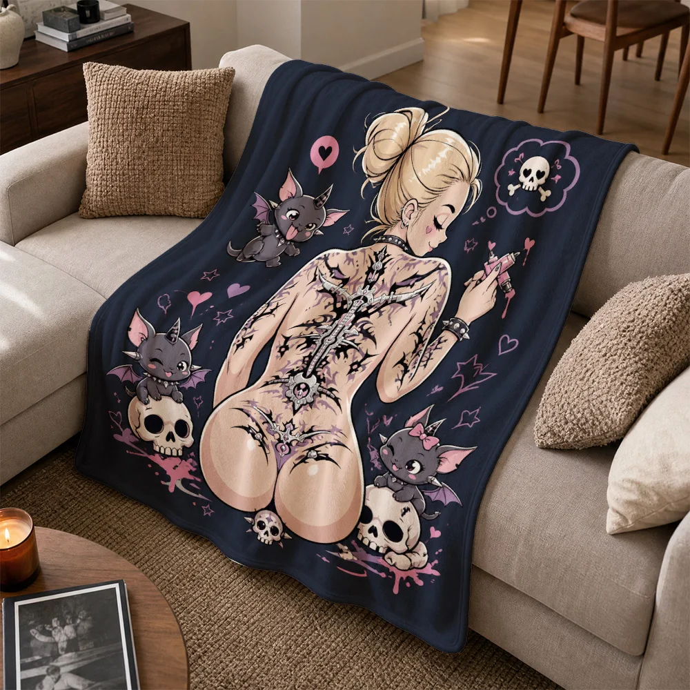 Gothic Skull Skeleton Demon Throw Blanket Sofa Cozy Novelty Print Edgy Aesthetic Halloween Decor Gift Plush Warming Throw